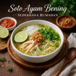 Semangkuk soto ayam bening sederhana rumahan dengan suwiran ayam, soun, irisan jeruk nipis, bawang goreng, dan taburan seledri.